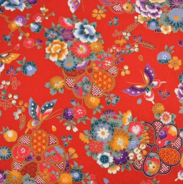 Tissu coton Wasabi motif fleurs et papillons japonais - Rouge