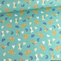 Tissu Coton Zolane motif girafes, coeurs et peluches - OEKO TEX classe 1