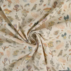 Tissu Cotton and Steel, collection Mushroom Hunt motif fleurs, champignons et oiseaux - OEKO TEX