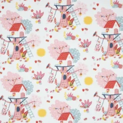 Tissu cretonne coton Alice motifs cabanes, fleurs et lapins rose