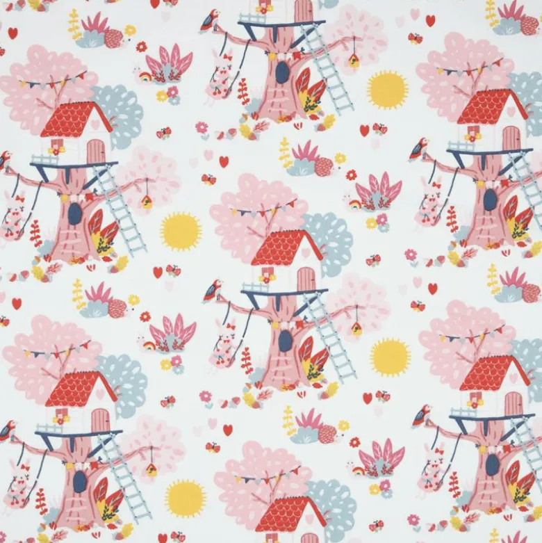Tissu cretonne coton Alice motifs cabanes, fleurs et lapins rose