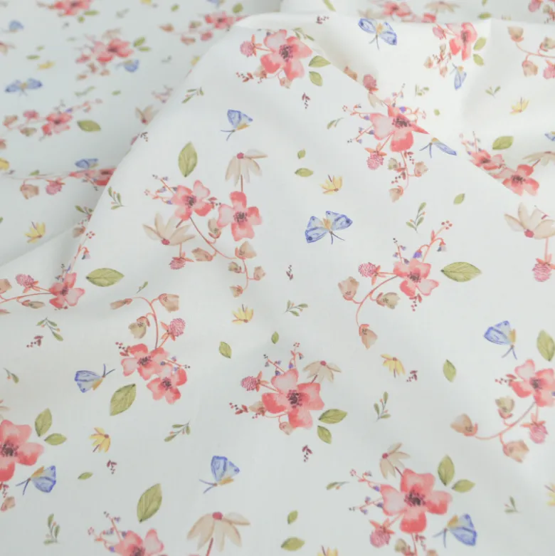 Tissu cretonne coton Amael motif fleurs roses fond écru - OEKO TEX