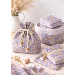 Tissu cretonne coton Barbara petites fleurs violettes et camel fond écru
