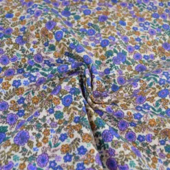 Tissu cretonne coton Barbara petites fleurs violettes et camel fond écru
