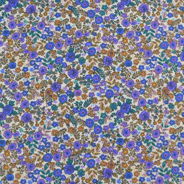 Tissu cretonne coton Barbara petites fleurs violettes et camel fond écru