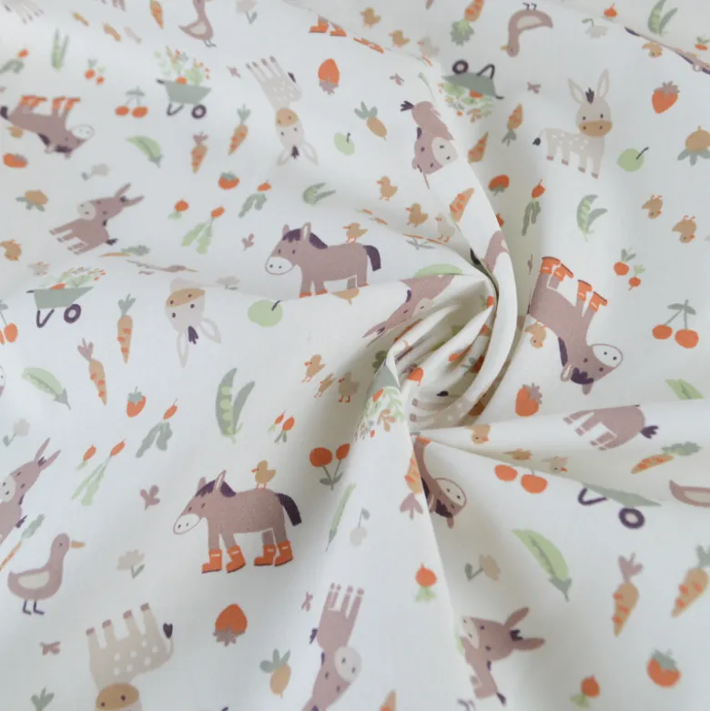 Tissu cretonne coton Baudet motif ânes et canards fond écru - OEKO TEX