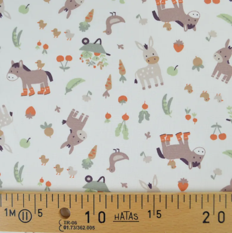 Tissu cretonne coton Baudet motif ânes et canards fond écru - OEKO TEX