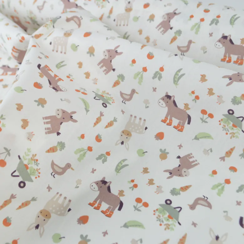 Tissu cretonne coton Baudet motif ânes et canards fond écru - OEKO TEX