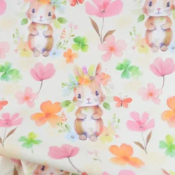 Tissu cretonne coton Bellis motif lapins et fleursfond écru -OEKO TEX