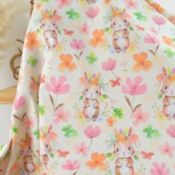 Tissu cretonne coton Bellis motif lapins et fleursfond écru -OEKO TEX
