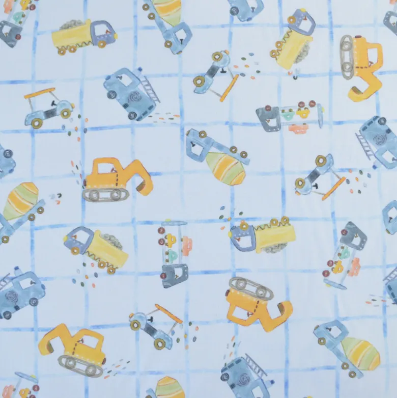 Tissu cretonne coton Cammy motif camions de chantier fond bleu