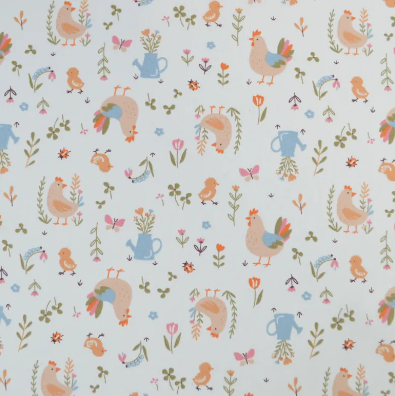 Tissu cretonne coton Cocotte motif poules et fleurs fond écru - OEKO TEX