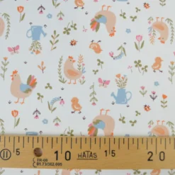 Tissu cretonne coton Cocotte motif poules et fleurs fond écru - OEKO TEX