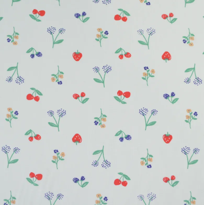 Tissu cretonne coton Crumble motif fraises, cerises et fleurs fond écru - OEKO TEX
