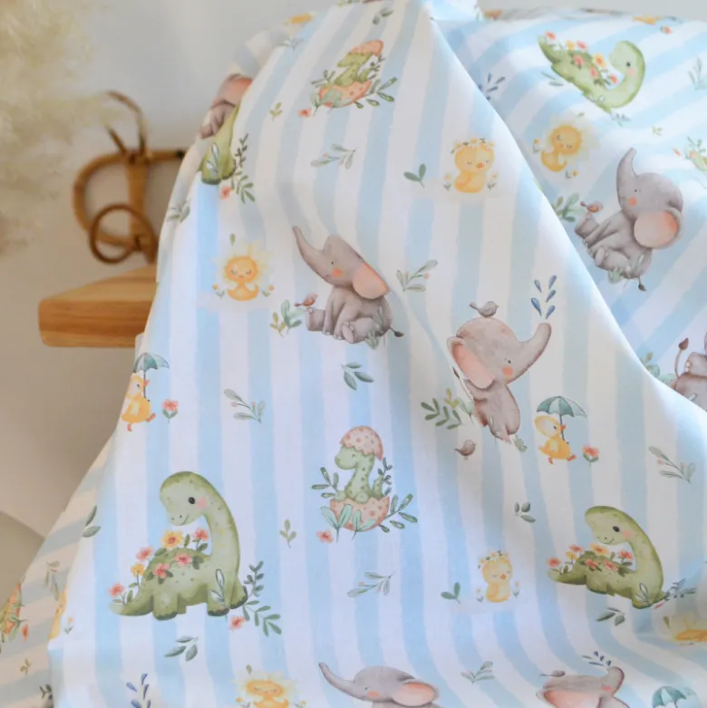 Tissu cretonne coton Ellie motif dinosaures et éléphants -OEKO TEX