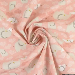 Tissu cretonne coton Febbey motifs éléphants et coeurs fond rose fané -OEKO TEX