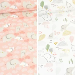 Tissu cretonne coton Febbey motifs éléphants et coeurs fond rose fané -OEKO TEX
