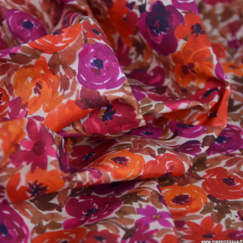 Tissu cretonne coton Filena fleurs roses et oranges - OEKO TEX