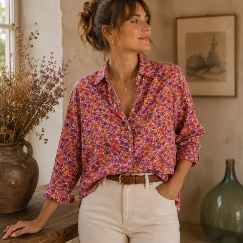 Tissu cretonne coton Filena fleurs roses et oranges - OEKO TEX