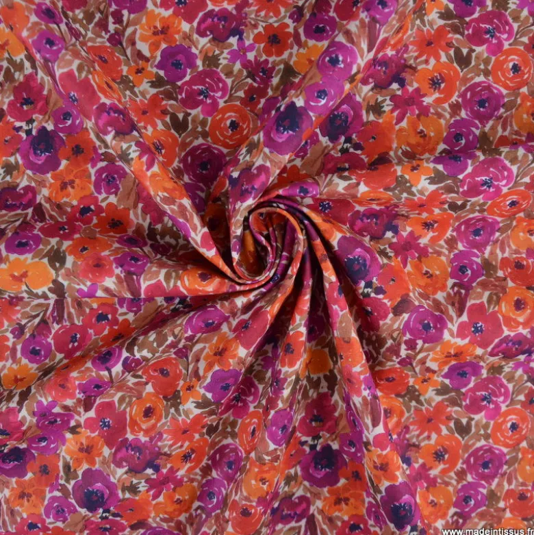 Tissu cretonne coton Filena fleurs roses et oranges - OEKO TEX