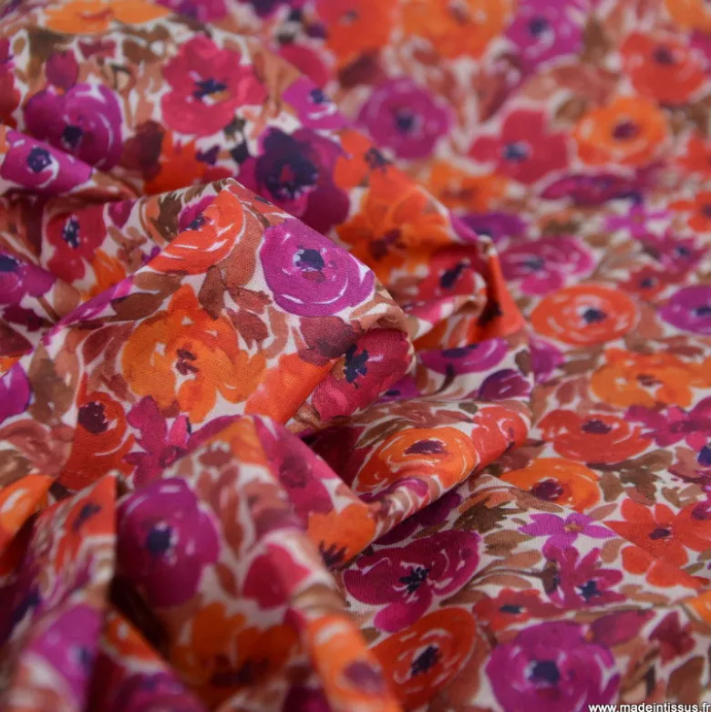 Tissu cretonne coton Filena fleurs roses et oranges - OEKO TEX