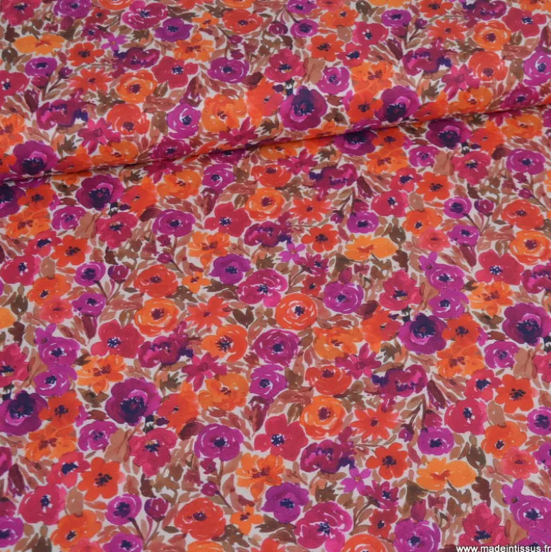Tissu cretonne coton Filena fleurs roses et oranges - OEKO TEX