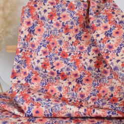Tissu cretonne coton Giada fleurs rouges et bleues - OEKO TEX