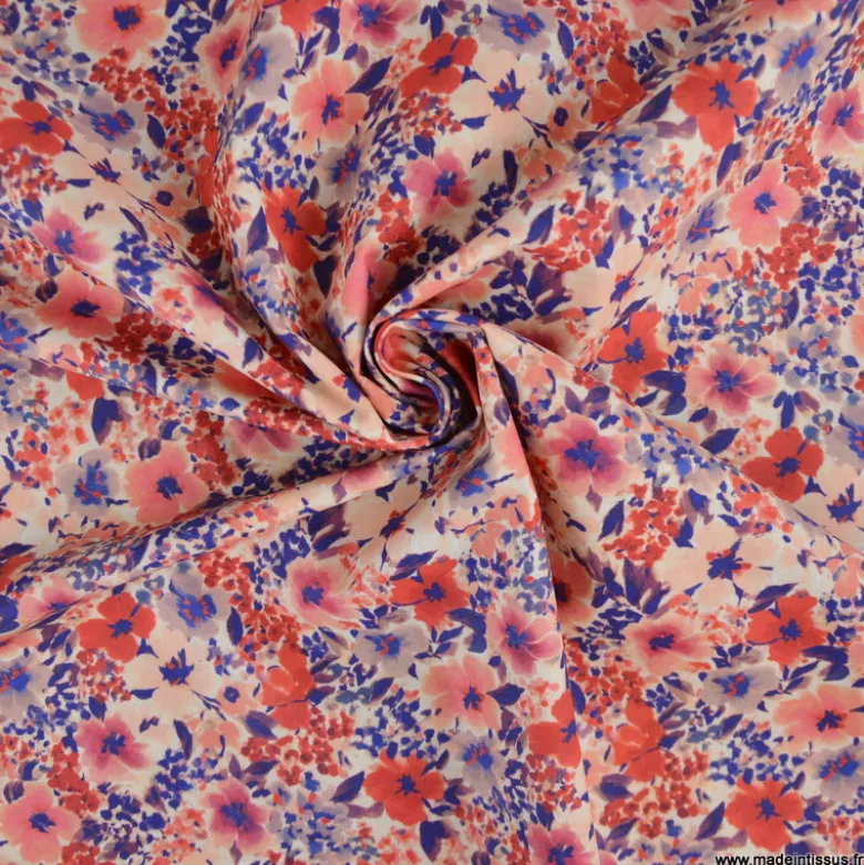 Tissu cretonne coton Giada fleurs rouges et bleues - OEKO TEX