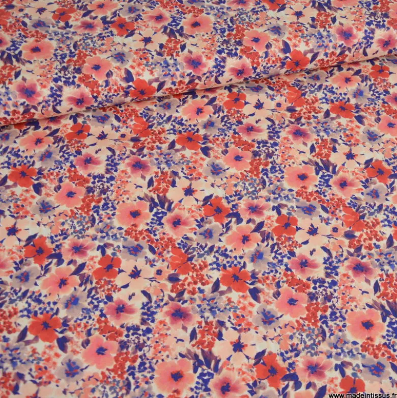 Tissu cretonne coton Giada fleurs rouges et bleues - OEKO TEX