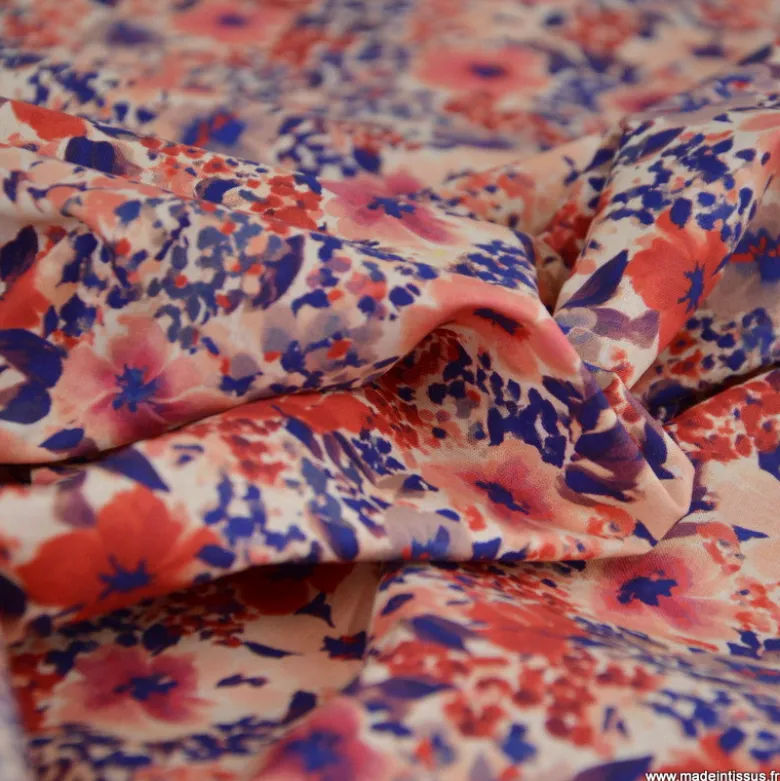 Tissu cretonne coton Giada fleurs rouges et bleues - OEKO TEX