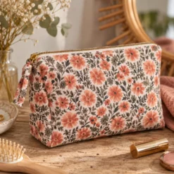 Tissu cretonne coton Hampi motif fleurs camel et vert – OEKO TEX