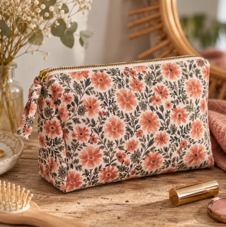 Tissu cretonne coton Hampi motif fleurs camel et vert – OEKO TEX