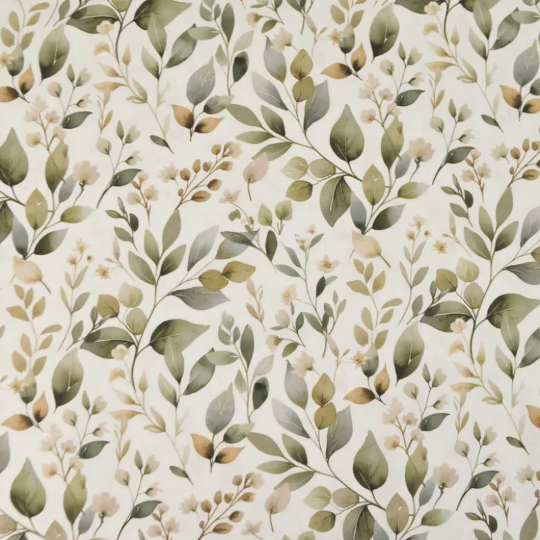 Tissu cretonne coton Luara feuillage vert fond blanc