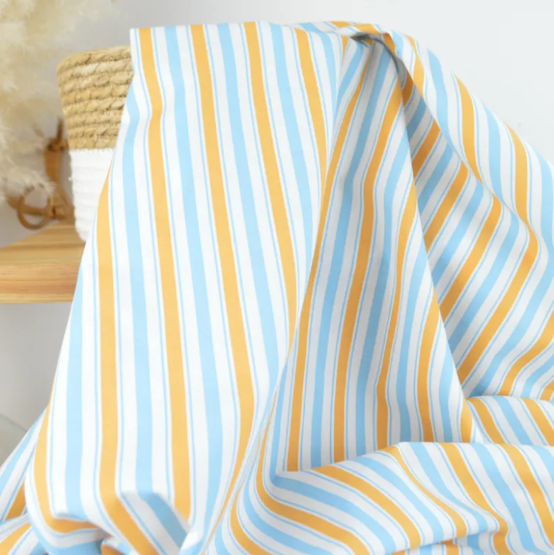 Tissu cretonne coton Lydia à rayures bleues et oranges - OEKO TEX