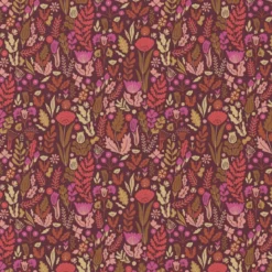 Tissu cretonne coton Malvina fleurs roses fond chocolat