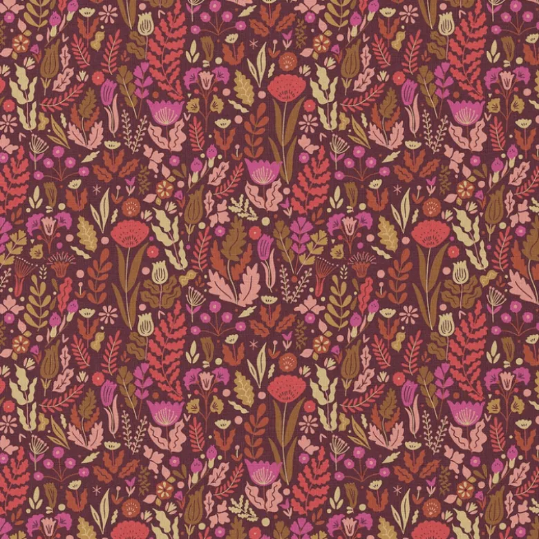 Tissu cretonne coton Malvina fleurs roses fond chocolat