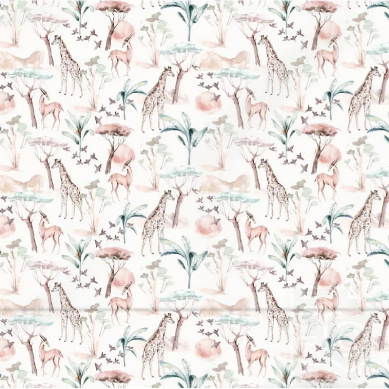 Tissu cretonne coton Maya motif animaux de la savane fond lin clair