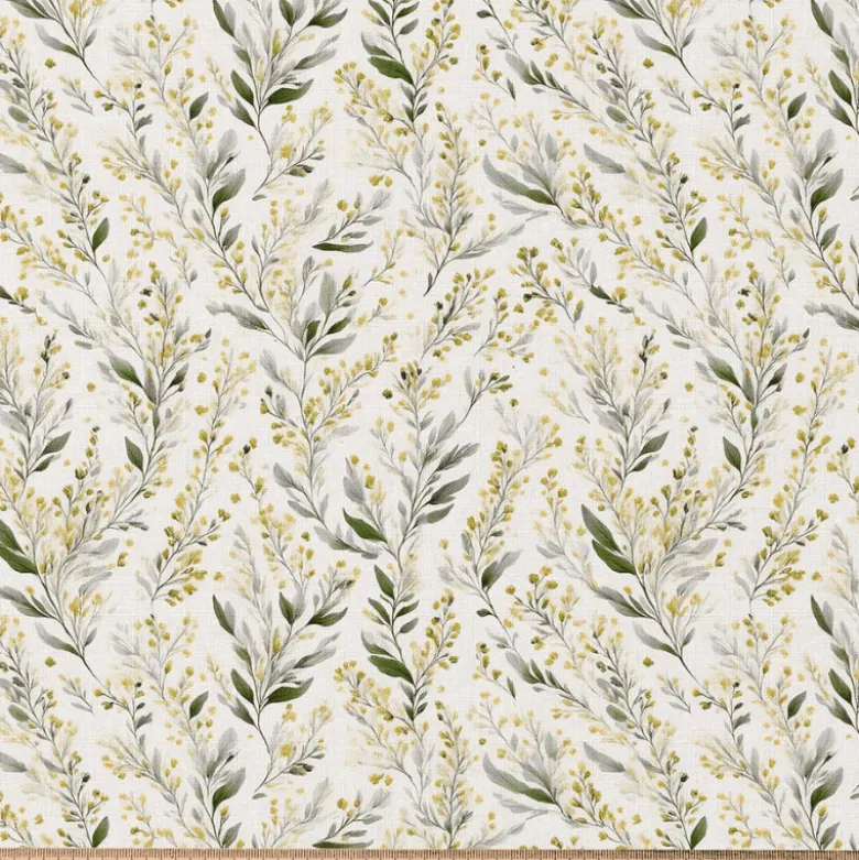 Tissu cretonne coton Mimosa fleurs jaunes fond écru