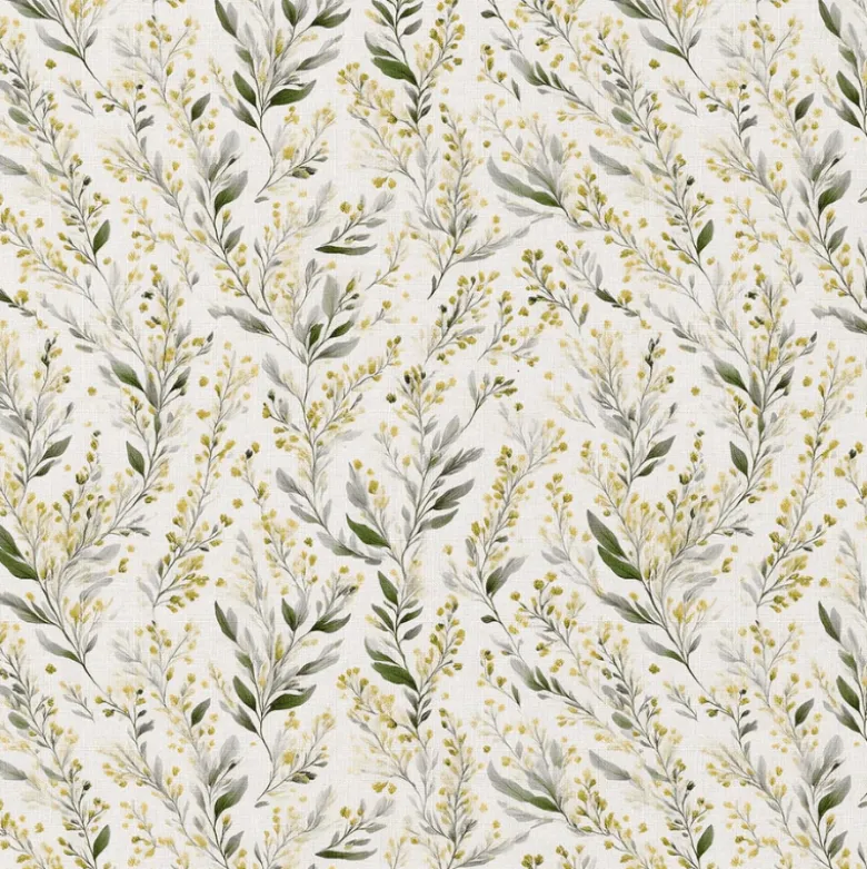Tissu cretonne coton Mimosa fleurs jaunes fond écru