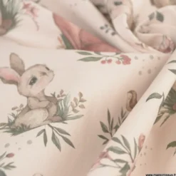 Tissu cretonne coton motif animaux de la foret fond beige