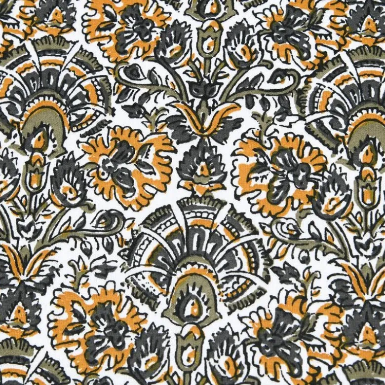 Tissu cretonne coton Nasik motifs fleurs kaki et jaune