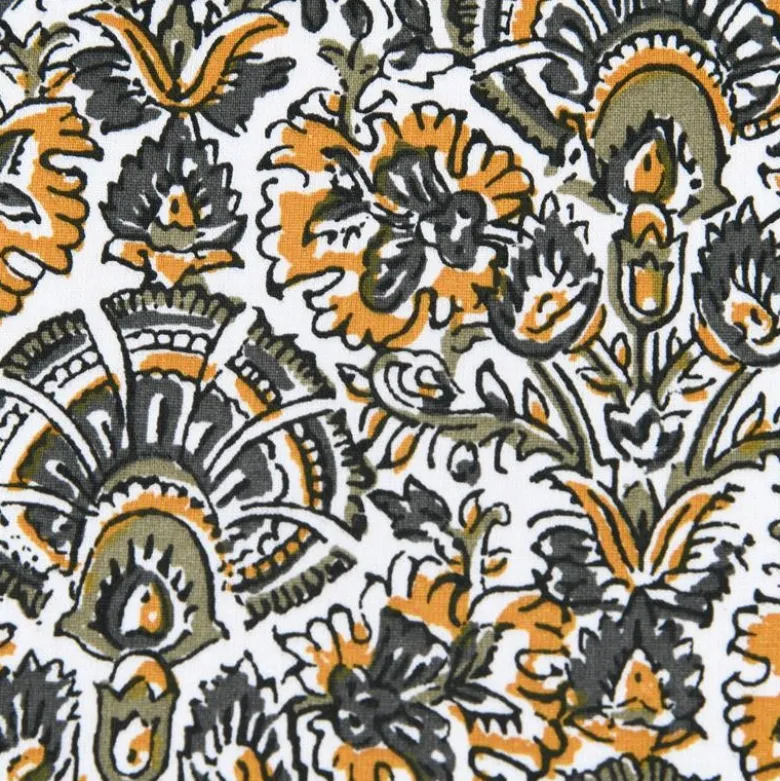 Tissu cretonne coton Nasik motifs fleurs kaki et jaune