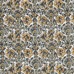 Tissu cretonne coton Nasik motifs fleurs kaki et jaune