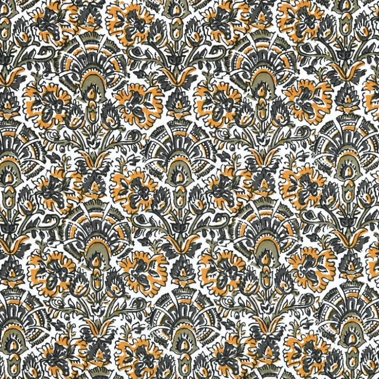 Tissu cretonne coton Nasik motifs fleurs kaki et jaune