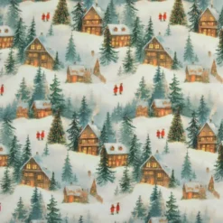 Tissu cretonne coton Noël motif chalets enneigés
