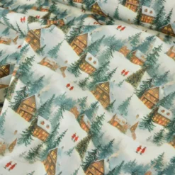 Tissu cretonne coton Noël motif chalets enneigés