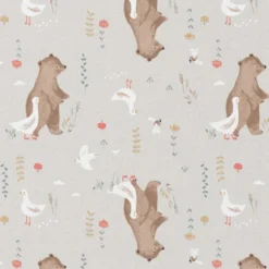 Tissu cretonne coton Nominoe motif ours et oies vert clair -OEKO TEX