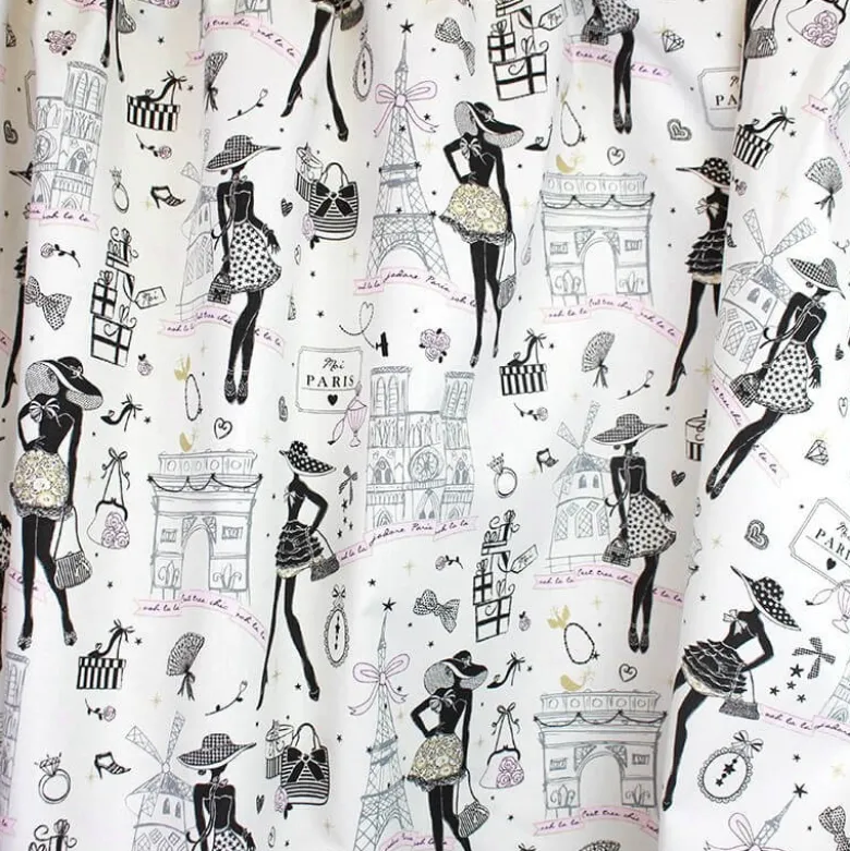 Tissu cretonne coton OEKO TEX imprimé Moi Paris, Notre Dame, tour eiffel, arc de triomphe... Noir, rose et doré