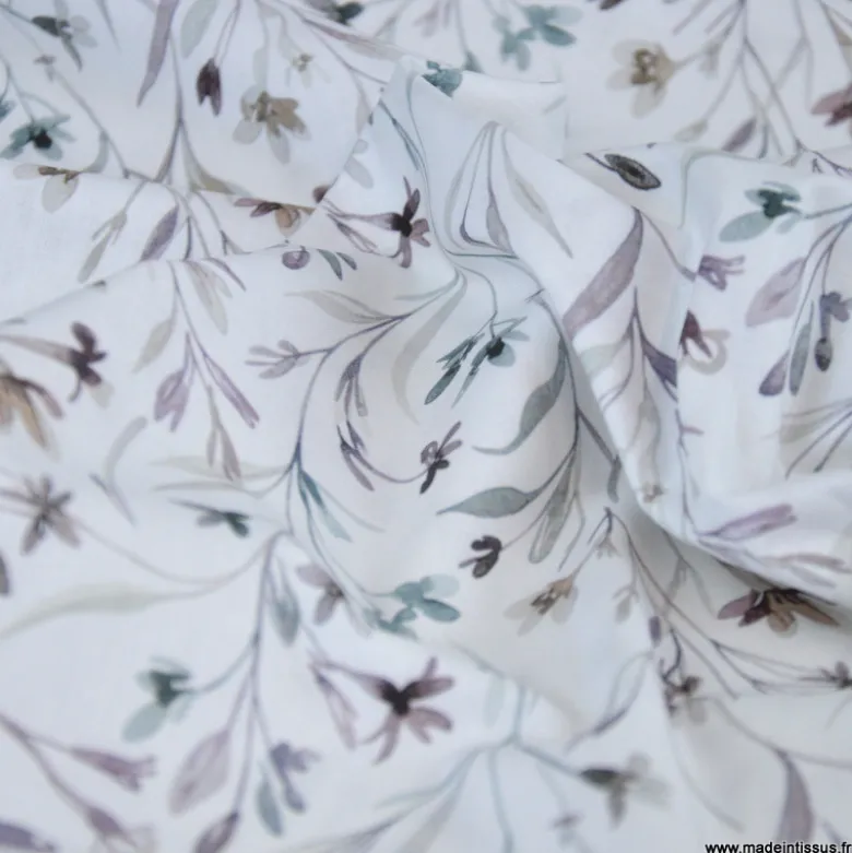 Tissu cretonne coton Ondaline feuillage gris et prune - OEKO TEX