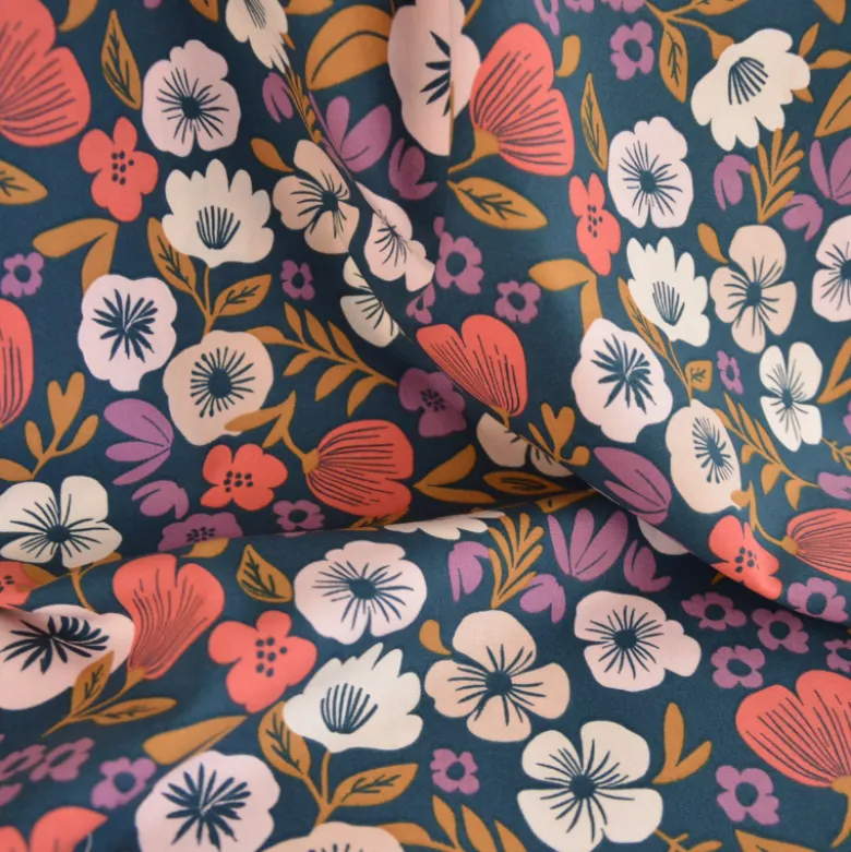 Tissu cretonne coton Palawa motif fleurs fond bleu – OEKO TEX